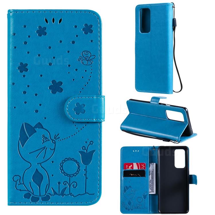 Embossing Bee and Cat Leather Wallet Case for OnePlus 9 Pro - Blue