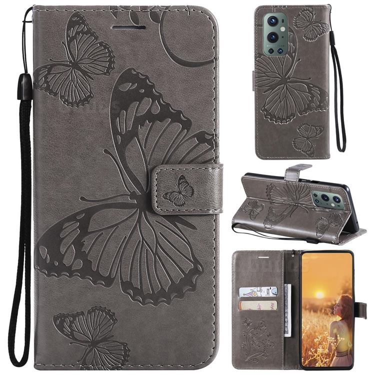 Embossing 3D Butterfly Leather Wallet Case for OnePlus 9 Pro - Gray