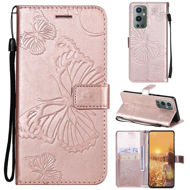 Embossing 3D Butterfly Leather Wallet Case for OnePlus 9 Pro - Rose Gold