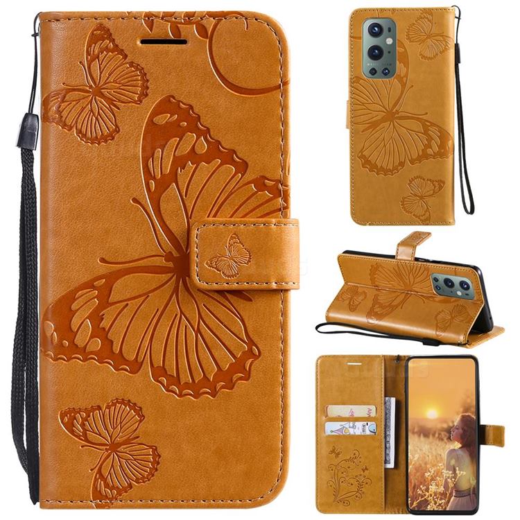 Embossing 3D Butterfly Leather Wallet Case for OnePlus 9 Pro - Yellow