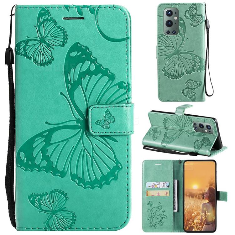 Embossing 3D Butterfly Leather Wallet Case for OnePlus 9 Pro - Green