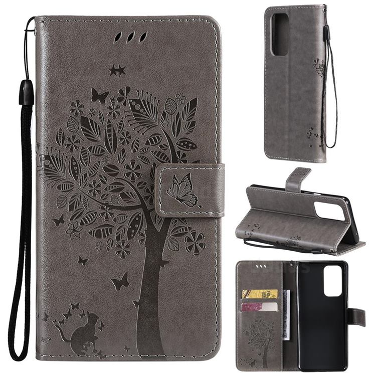 Embossing Butterfly Tree Leather Wallet Case for OnePlus 9 Pro - Grey