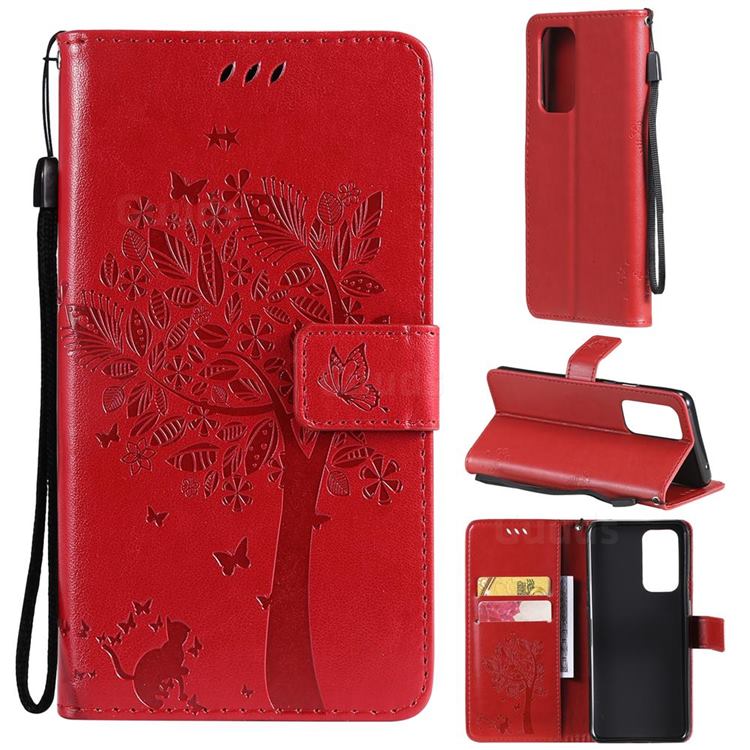 Embossing Butterfly Tree Leather Wallet Case for OnePlus 9 Pro - Red