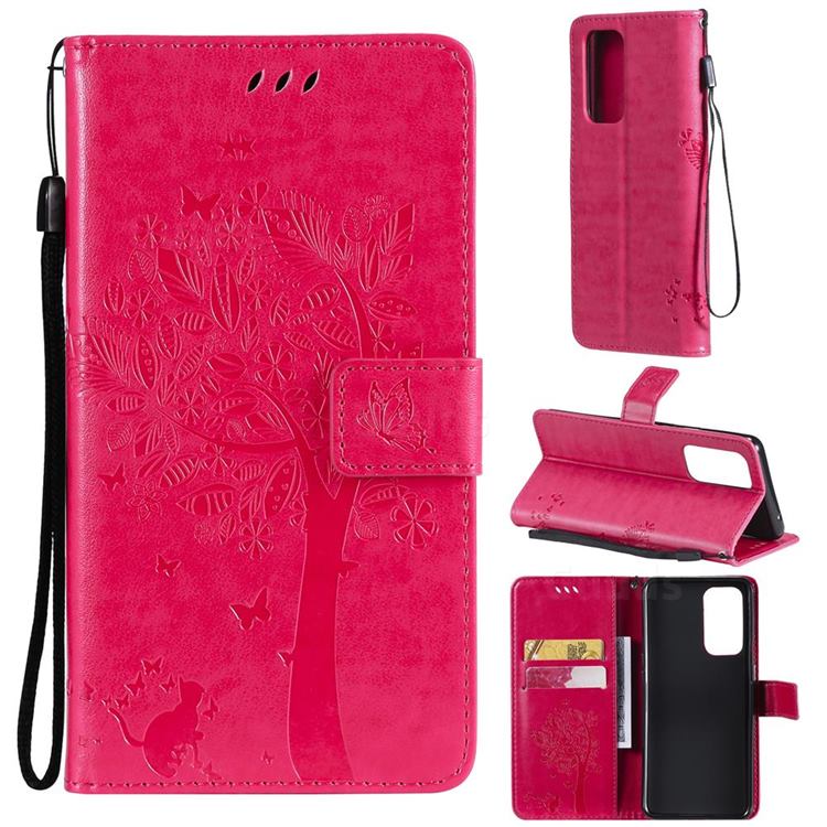 Embossing Butterfly Tree Leather Wallet Case for OnePlus 9 Pro - Rose