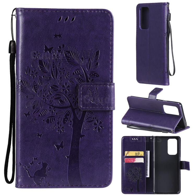 Embossing Butterfly Tree Leather Wallet Case for OnePlus 9 Pro - Purple