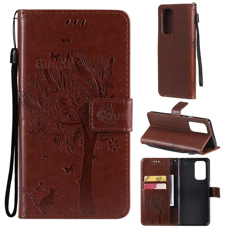 Embossing Butterfly Tree Leather Wallet Case for OnePlus 9 Pro - Coffee