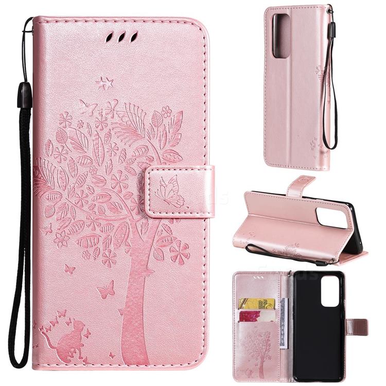 Embossing Butterfly Tree Leather Wallet Case for OnePlus 9 Pro - Rose Pink