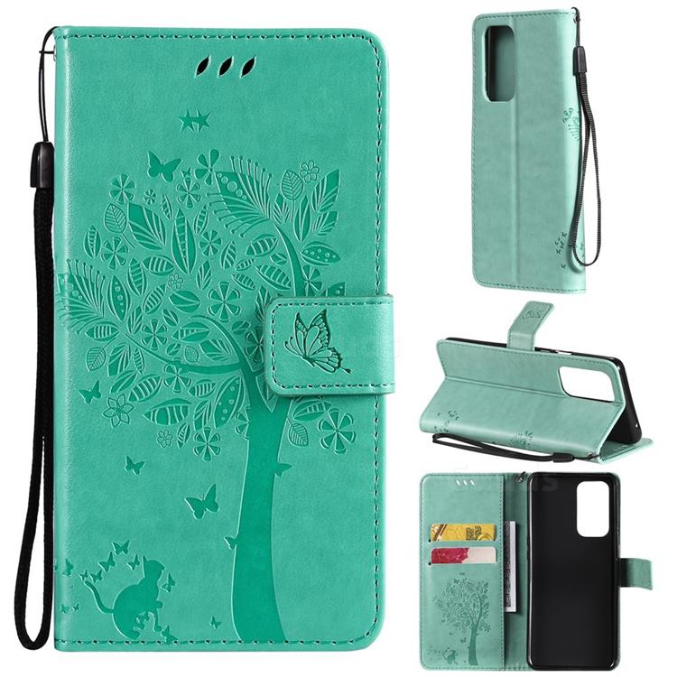 Embossing Butterfly Tree Leather Wallet Case for OnePlus 9 Pro - Cyan
