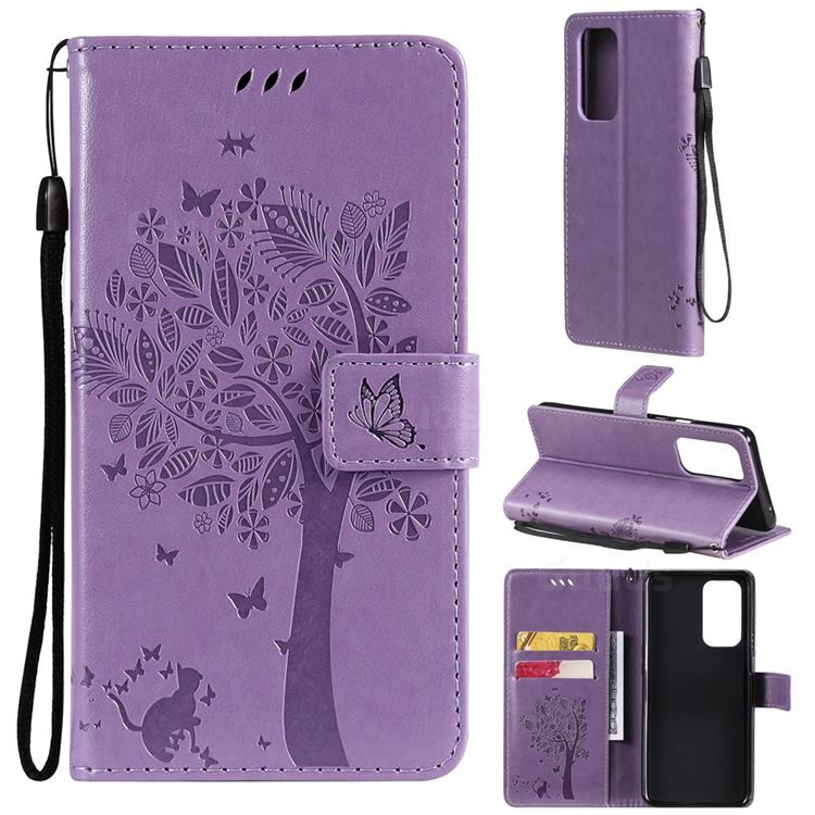 Embossing Butterfly Tree Leather Wallet Case for OnePlus 9 Pro - Violet