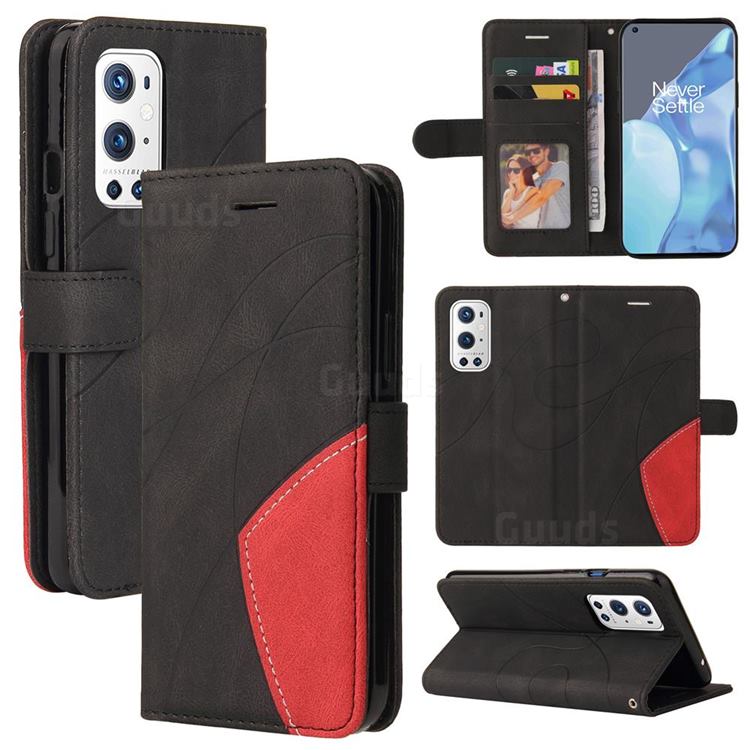 Luxury Two-color Stitching Leather Wallet Case Cover for OnePlus 9 Pro - Black