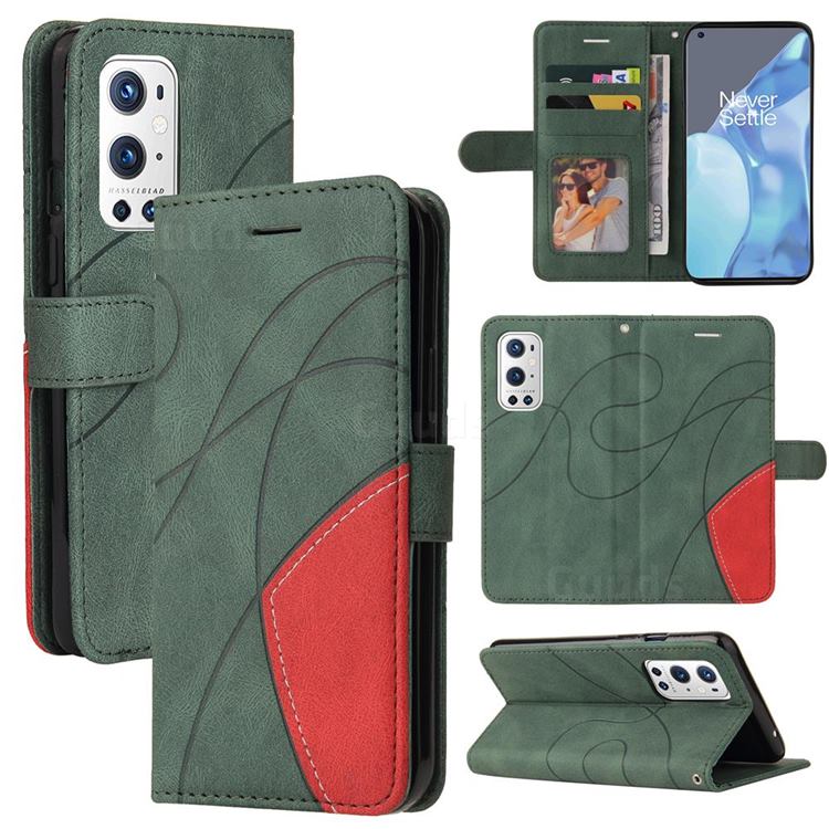 Luxury Two-color Stitching Leather Wallet Case Cover for OnePlus 9 Pro - Green