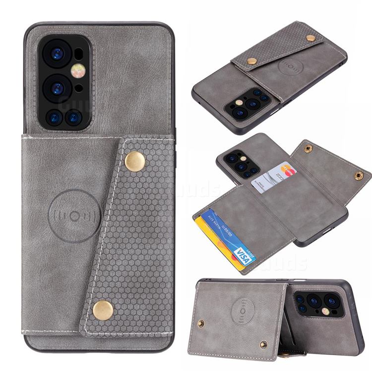 Retro Multifunction Card Slots Stand Leather Coated Phone Back Cover for OnePlus 9 Pro - Gray