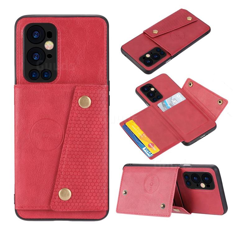 Retro Multifunction Card Slots Stand Leather Coated Phone Back Cover for OnePlus 9 Pro - Red