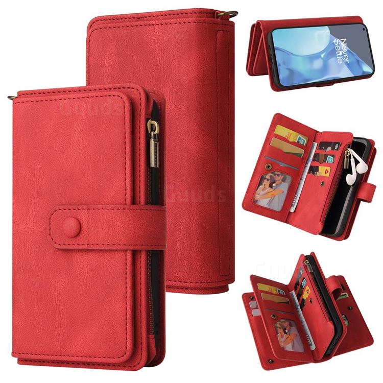 Luxury Multi-functional Zipper Wallet Leather Phone Case Cover for OnePlus 9 Pro - Red