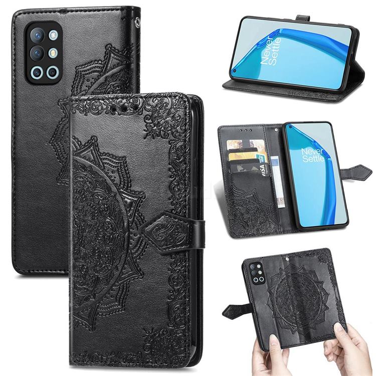 Embossing Imprint Mandala Flower Leather Wallet Case for OnePlus 9R - Black
