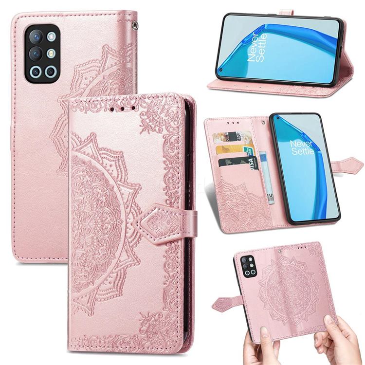 Embossing Imprint Mandala Flower Leather Wallet Case for OnePlus 9R - Rose Gold