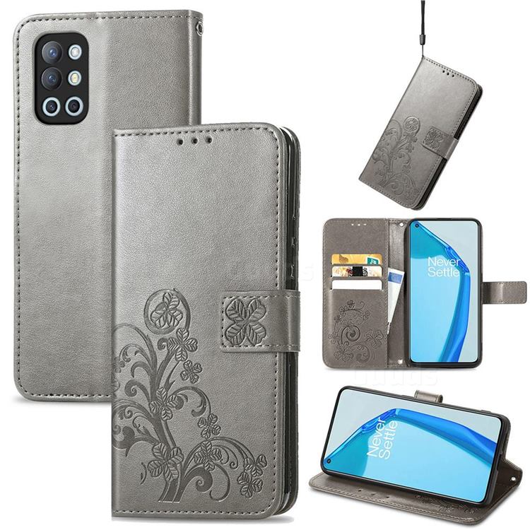 Embossing Imprint Four-Leaf Clover Leather Wallet Case for OnePlus 9R - Grey