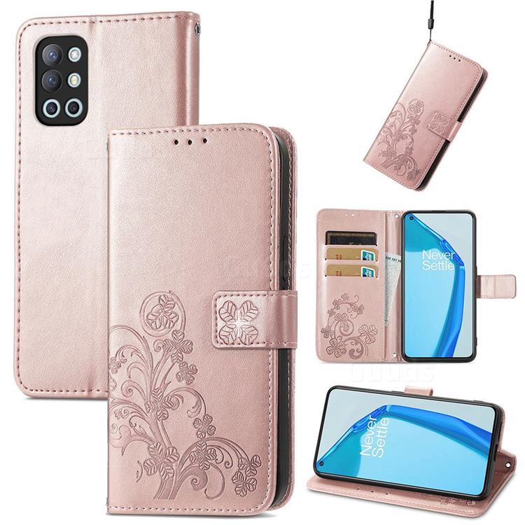Embossing Imprint Four-Leaf Clover Leather Wallet Case for OnePlus 9R - Rose Gold