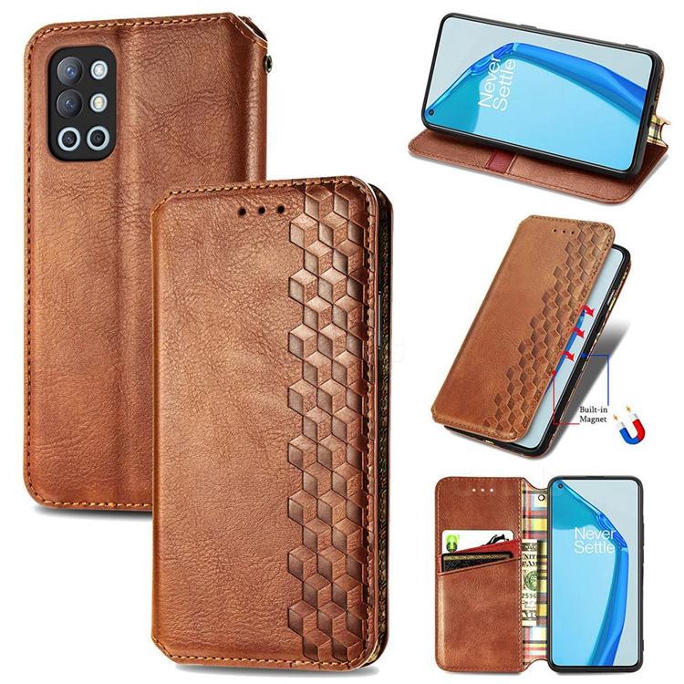 Ultra Slim Fashion Business Card Magnetic Automatic Suction Leather Flip Cover for OnePlus 9R - Brown