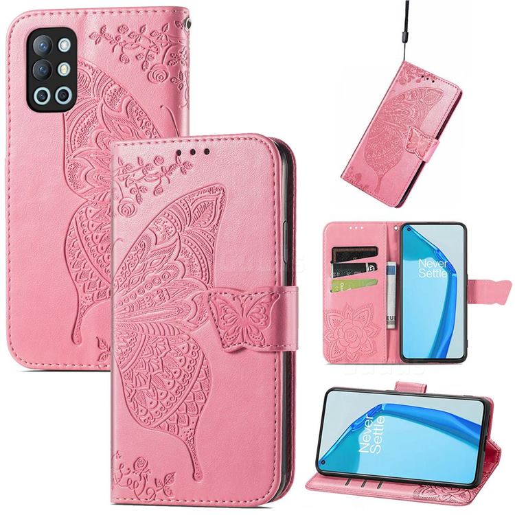 Embossing Mandala Flower Butterfly Leather Wallet Case for OnePlus 9R - Pink