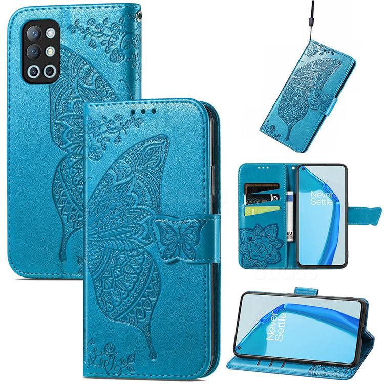 Embossing Mandala Flower Butterfly Leather Wallet Case for OnePlus 9R - Blue