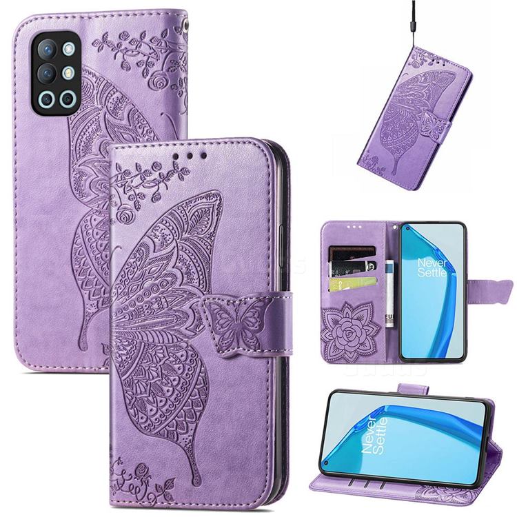 Embossing Mandala Flower Butterfly Leather Wallet Case for OnePlus 9R - Light Purple
