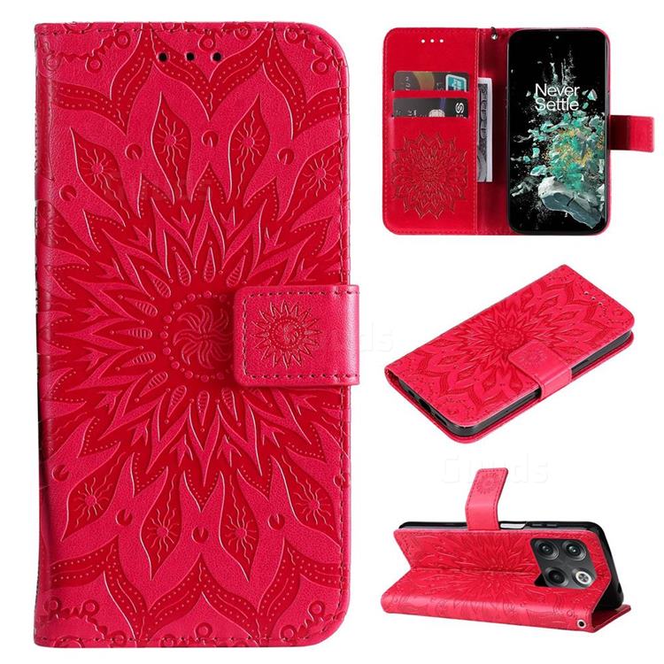 Embossing Sunflower Leather Wallet Case for OnePlus Ace Pro - Red