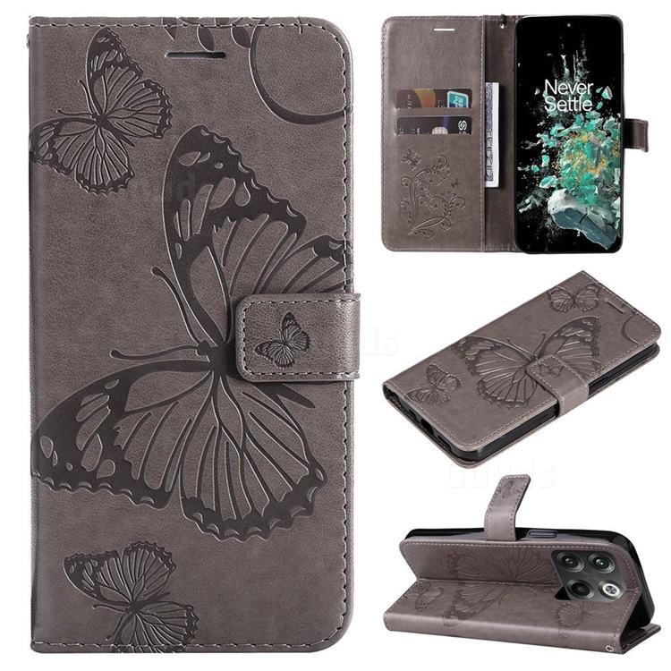 Embossing 3D Butterfly Leather Wallet Case for OnePlus Ace Pro - Gray