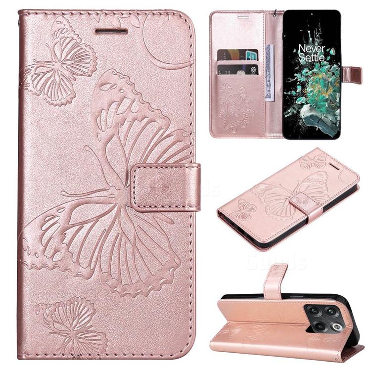 Embossing 3D Butterfly Leather Wallet Case for OnePlus Ace Pro - Rose Gold