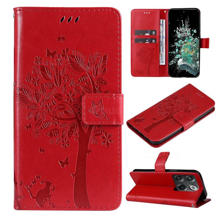 Embossing Butterfly Tree Leather Wallet Case for OnePlus Ace Pro - Red