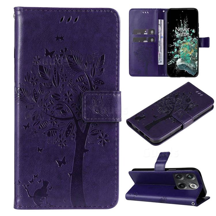 Embossing Butterfly Tree Leather Wallet Case for OnePlus Ace Pro - Purple