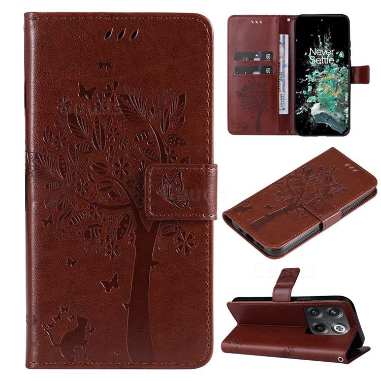Embossing Butterfly Tree Leather Wallet Case for OnePlus Ace Pro - Coffee