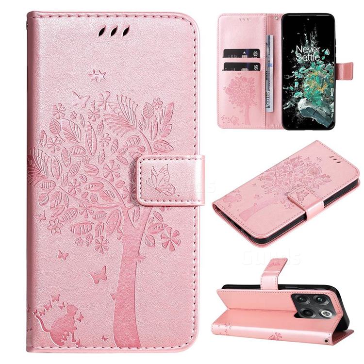 Embossing Butterfly Tree Leather Wallet Case for OnePlus Ace Pro - Rose Pink