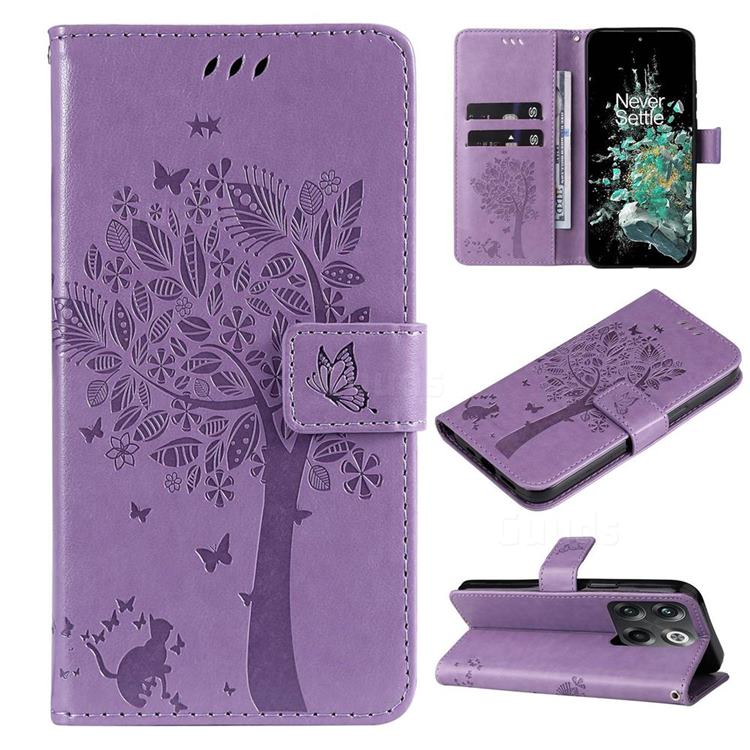 Embossing Butterfly Tree Leather Wallet Case for OnePlus Ace Pro - Violet