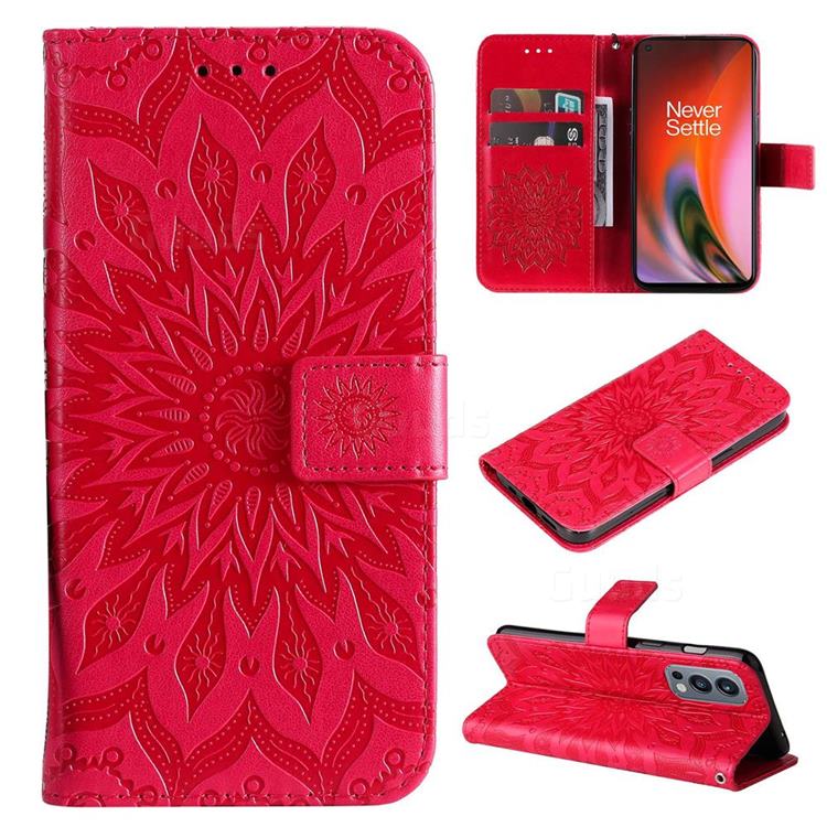 Embossing Sunflower Leather Wallet Case for OnePlus Nord 2 5G - Red