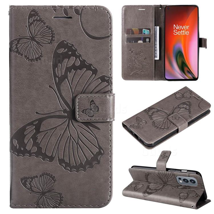 Embossing 3D Butterfly Leather Wallet Case for OnePlus Nord 2 5G - Gray