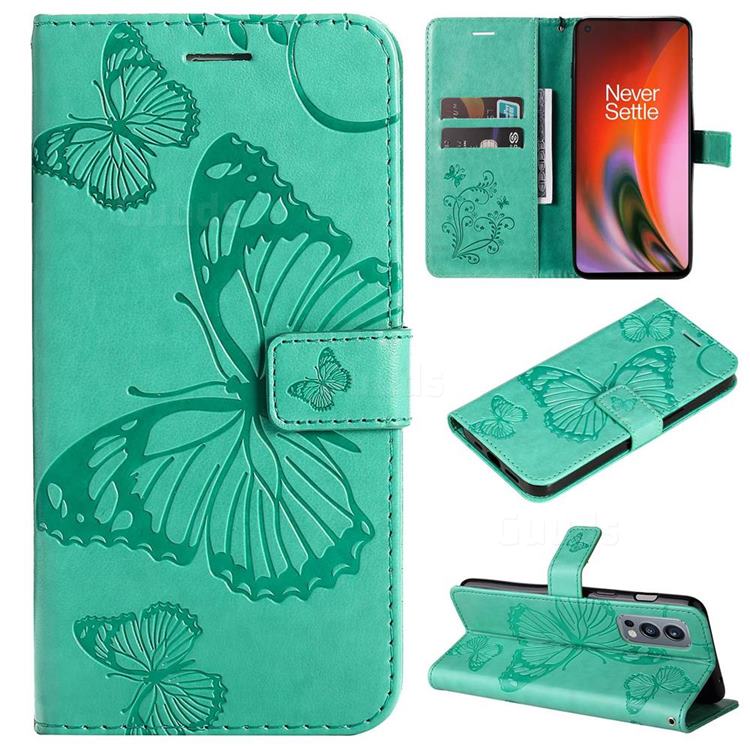 Embossing 3D Butterfly Leather Wallet Case for OnePlus Nord 2 5G - Green