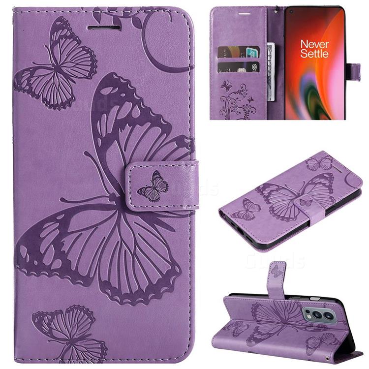 Embossing 3D Butterfly Leather Wallet Case for OnePlus Nord 2 5G - Purple