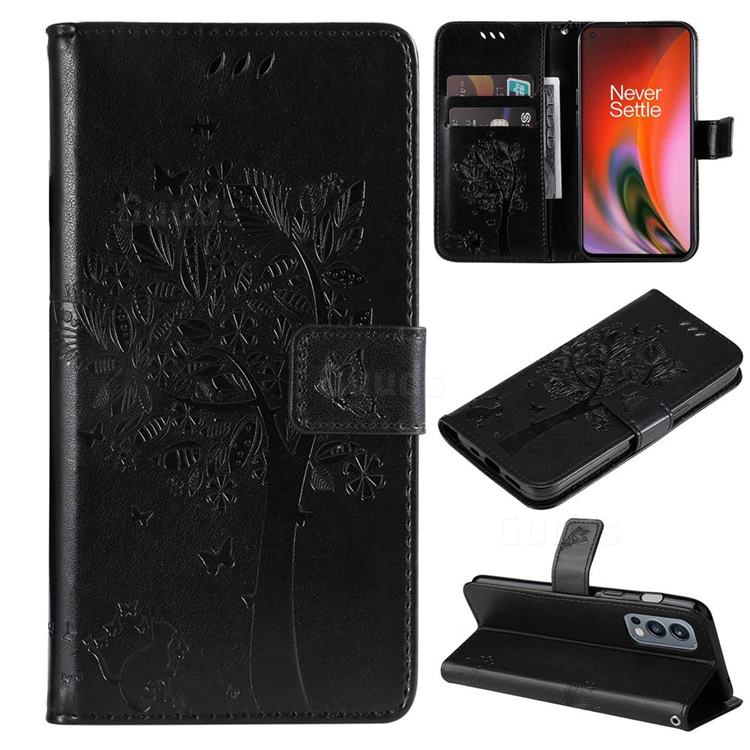 Embossing Butterfly Tree Leather Wallet Case for OnePlus Nord 2 5G - Black
