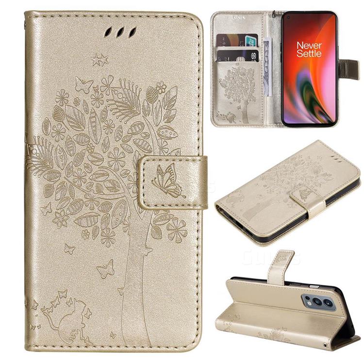Embossing Butterfly Tree Leather Wallet Case for OnePlus Nord 2 5G - Champagne