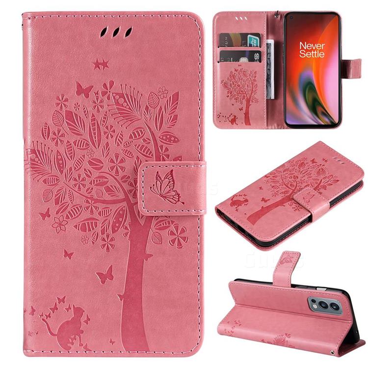 Embossing Butterfly Tree Leather Wallet Case for OnePlus Nord 2 5G - Pink