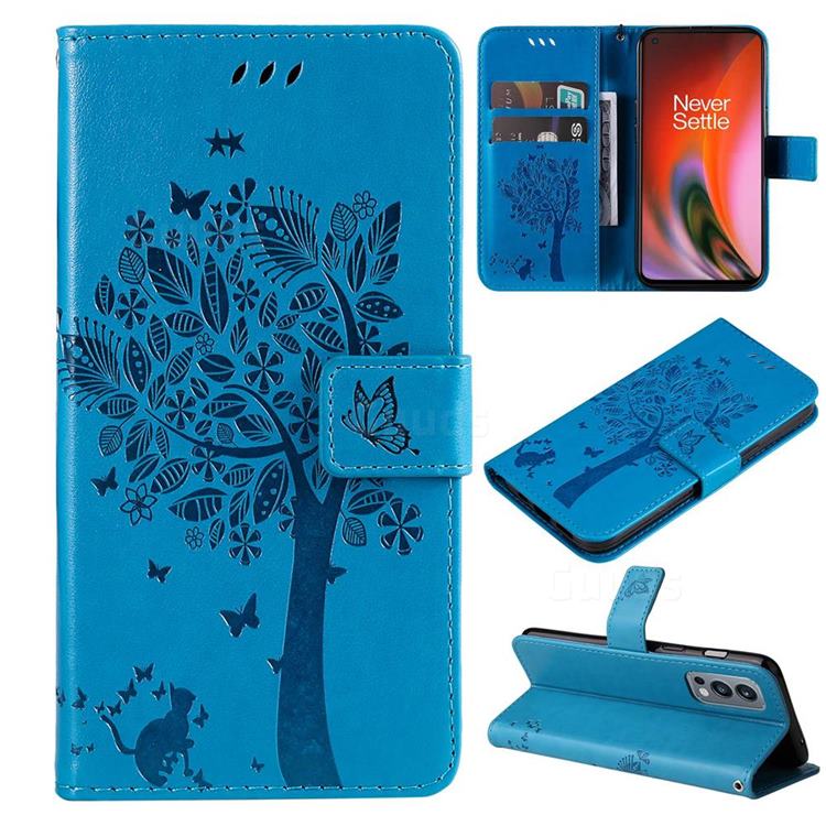 Embossing Butterfly Tree Leather Wallet Case for OnePlus Nord 2 5G - Blue
