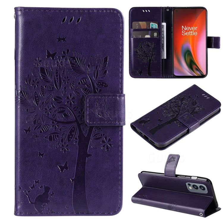 Embossing Butterfly Tree Leather Wallet Case for OnePlus Nord 2 5G - Purple