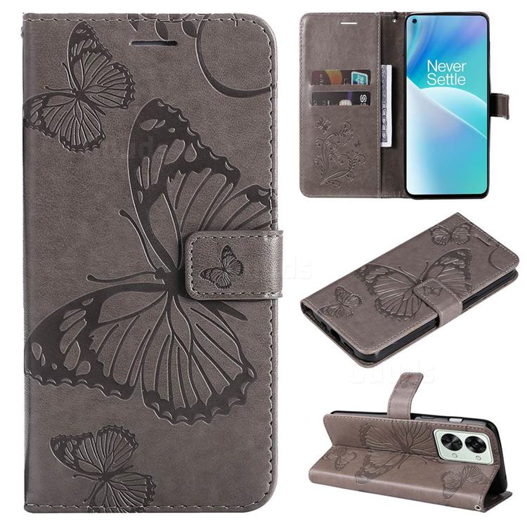 Embossing 3D Butterfly Leather Wallet Case for OnePlus Nord 2T - Gray