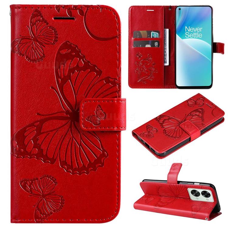 Embossing 3D Butterfly Leather Wallet Case for OnePlus Nord 2T - Red