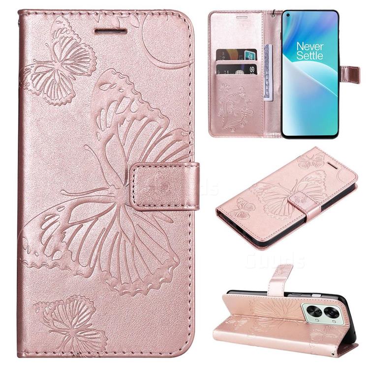 Embossing 3D Butterfly Leather Wallet Case for OnePlus Nord 2T - Rose Gold