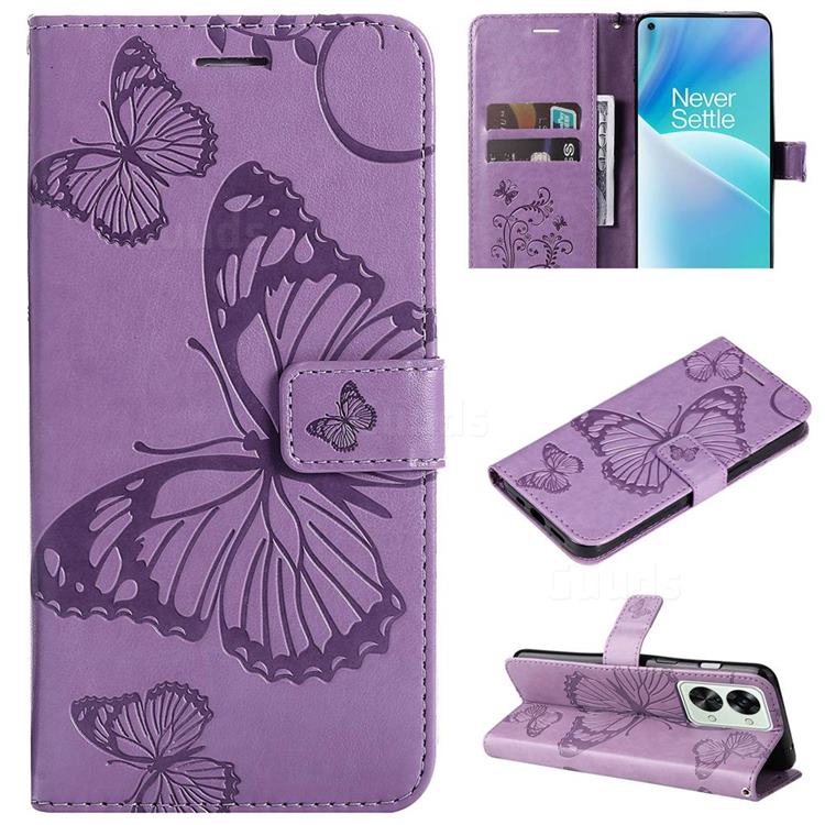 Embossing 3D Butterfly Leather Wallet Case for OnePlus Nord 2T - Purple
