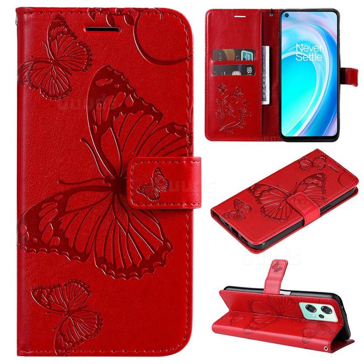 Embossing 3D Butterfly Leather Wallet Case for OnePlus Nord CE 2 Lite 5G - Red