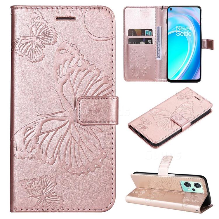 Embossing 3D Butterfly Leather Wallet Case for OnePlus Nord CE 2 Lite 5G - Rose Gold