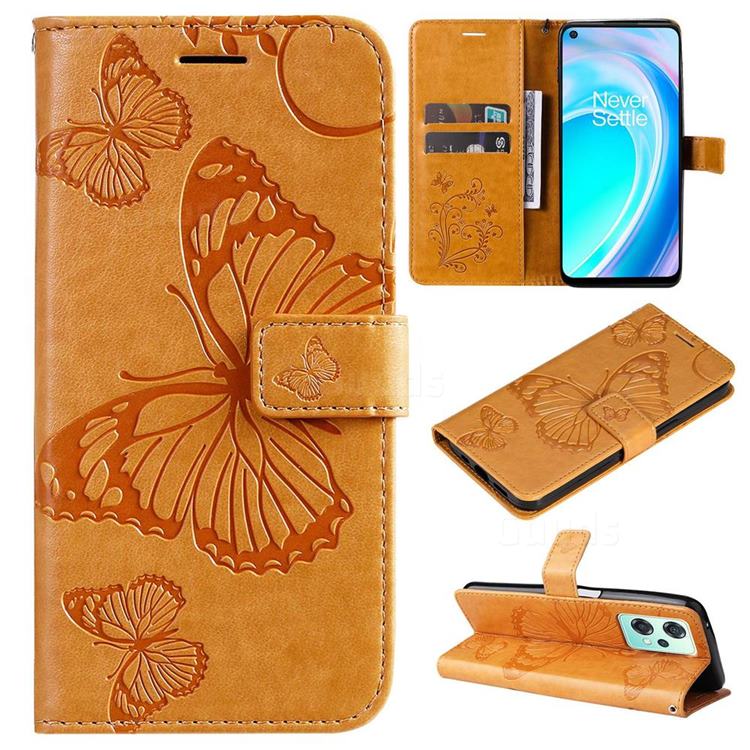 Embossing 3D Butterfly Leather Wallet Case for OnePlus Nord CE 2 Lite 5G - Yellow